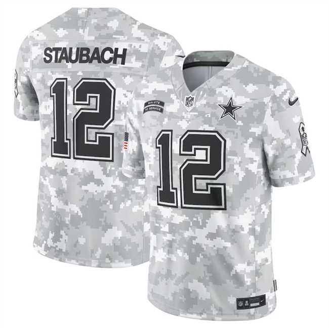 Men%27s Dallas Cowboys #12 Roger Staubach 2024 Arctic Camo Salute To Service Limited Stitched Jersey Dyin->dallas cowboys->NFL Jersey